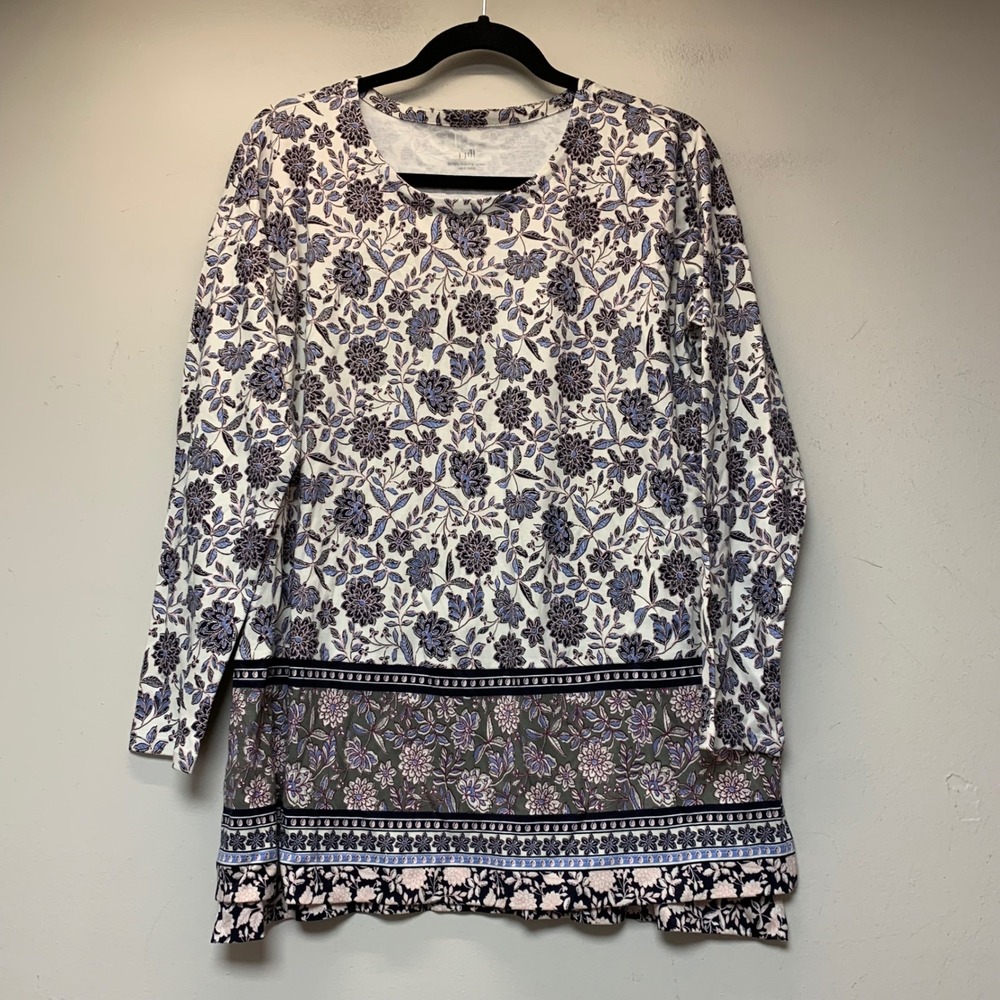 J. Jill Tunic Top Womens Medium Petite Blue Floral Simply Supima Long Sleeve